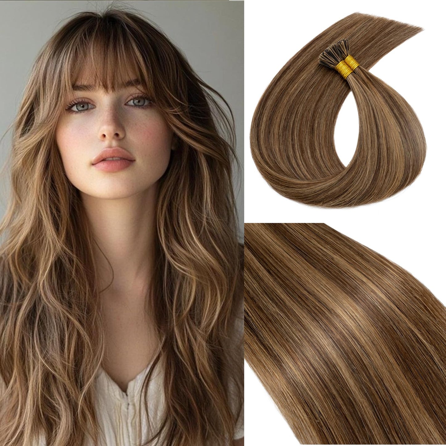 Rich Choices I Tip Hair Extensions Human Hair,100 Strands 0.5g/Strands,100% Real Remy Human Hair Extension Pre Bonded Keratin Stick In 16 Inch #4P27 Medium Brown Highlight Dark Blonde