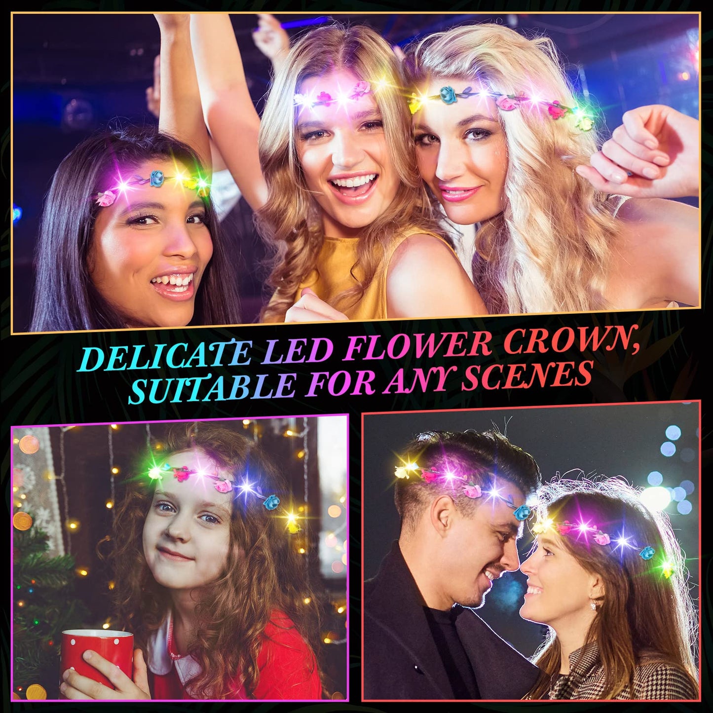 Syhood 50 Pcs LED Flower Crowns Headbands, Light up Flower Crowns for Women, Glow in The Dark Headband Rose Hairbands Wreath for Wedding Birthday Cosplay Favors Gifts Halloween Christmas (Rose)
