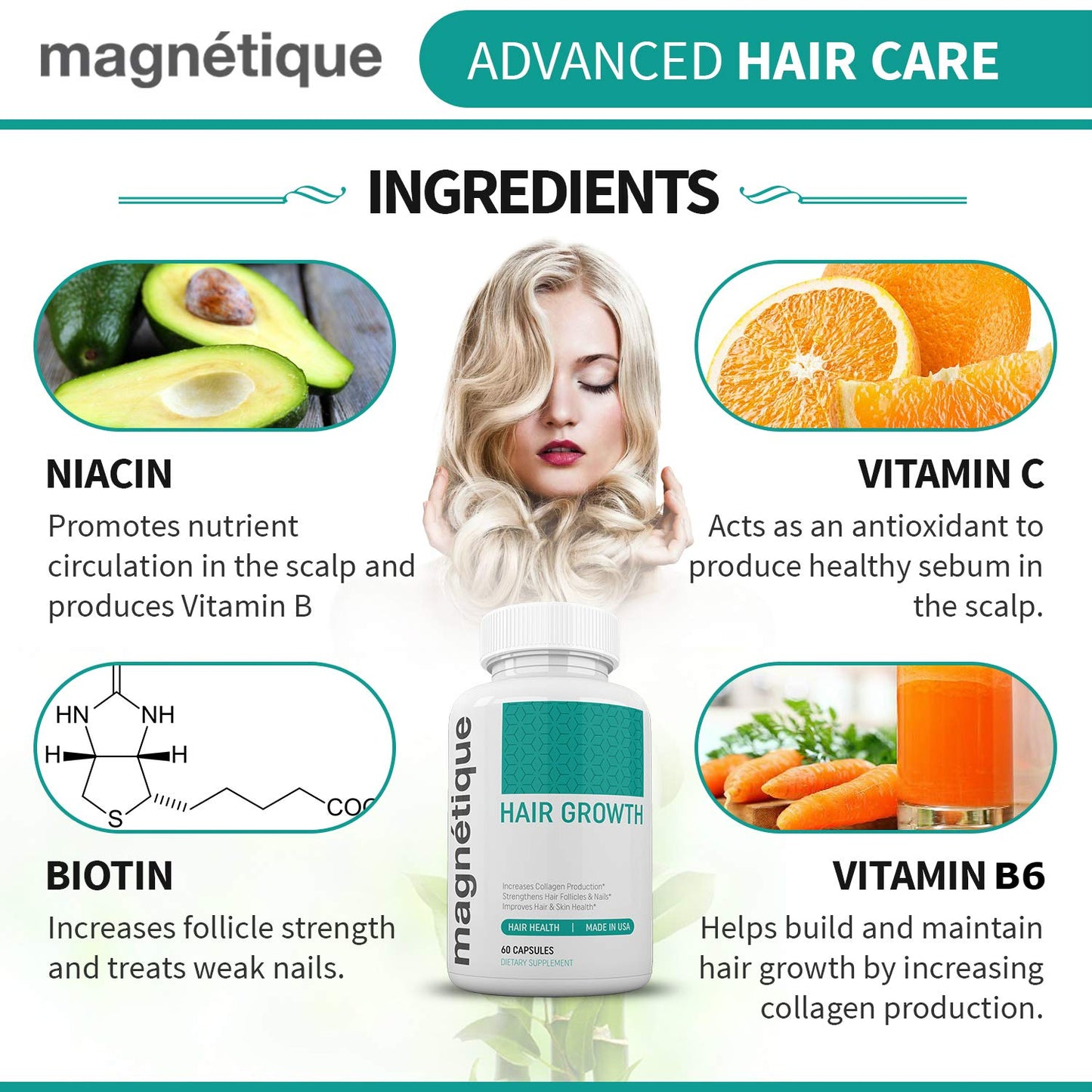 Magnetique Hair Growth -Promotes Stronger, Longer, Healthier Hair - GMO Free with Natural Ingredients