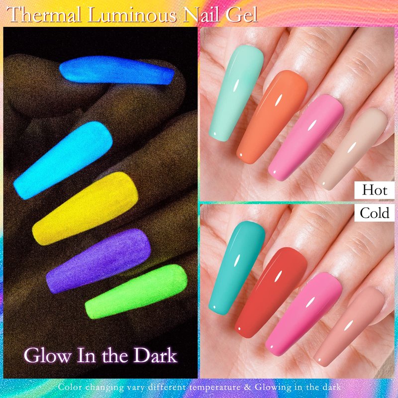 MSRUIOO Luminous Color Changing Gel Nail Polish Set, Glow in the Dark Mood Temperature Color Change Gel Nail Polish Pink Blue Red Orange Soak Off Gel Polish for Nail Art Manicure DIY at Home