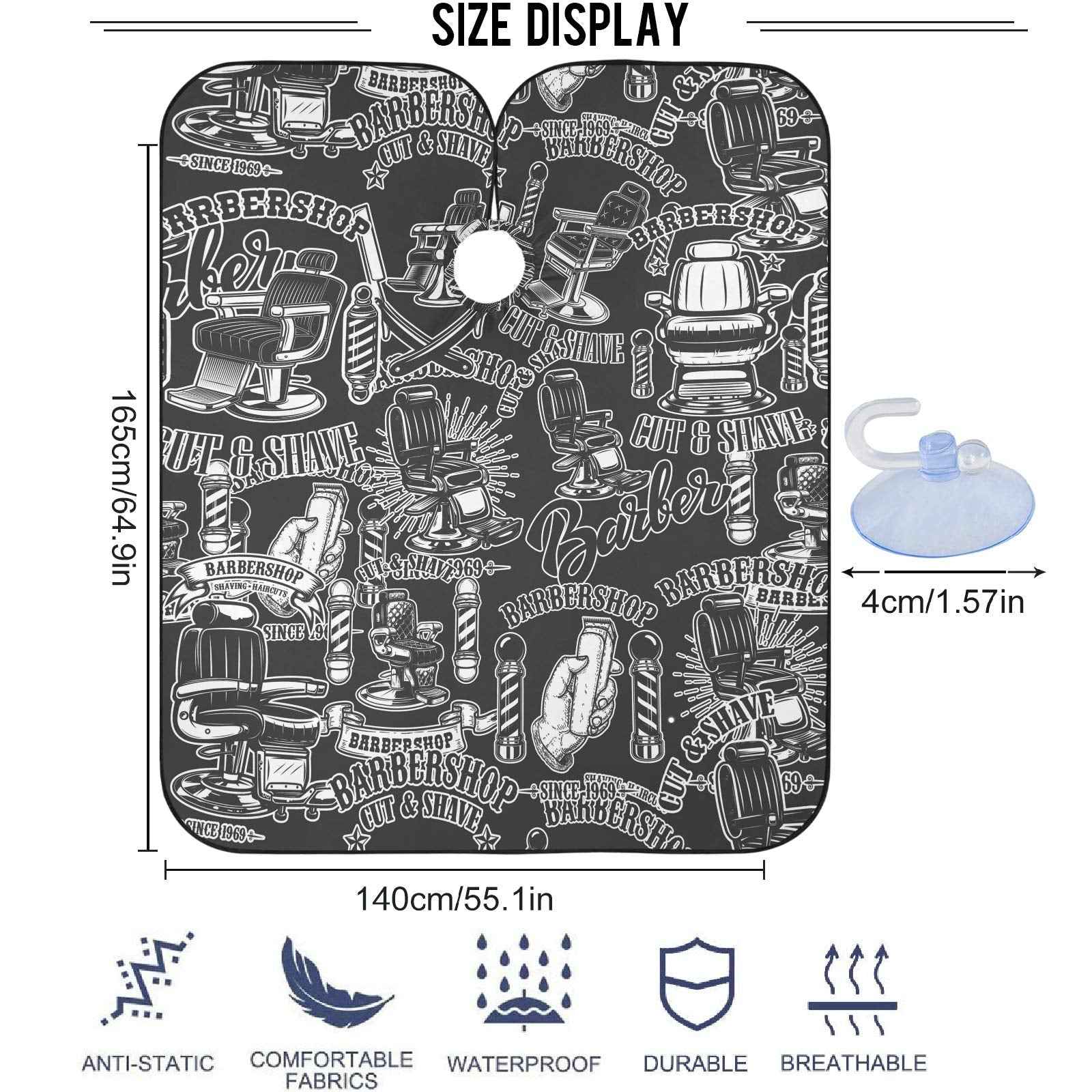 visesunny Barbershop Design Monochrome Style Barber Cape Anti-Static Hair Cutting Cape with Snap Closure Professional Salon Polyester Beard Shaving Bib Water-Resistant Hairdressing Cape Adjustable