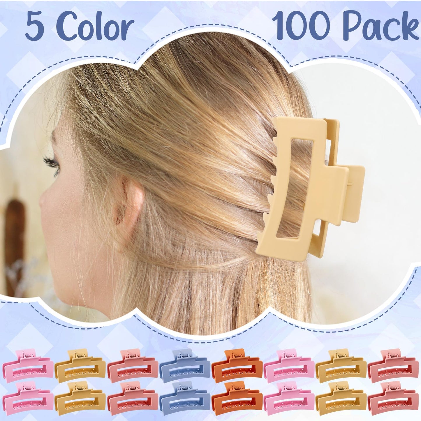 XunYee 100 Pcs Hair Claw Clips Bulk Large Square Jaw Headwear Clips Set for Women Nonslip Rectangle Hair Accessories Clip for Girl Women Gifts Beauty(3.4'',Frosted Sweet)
