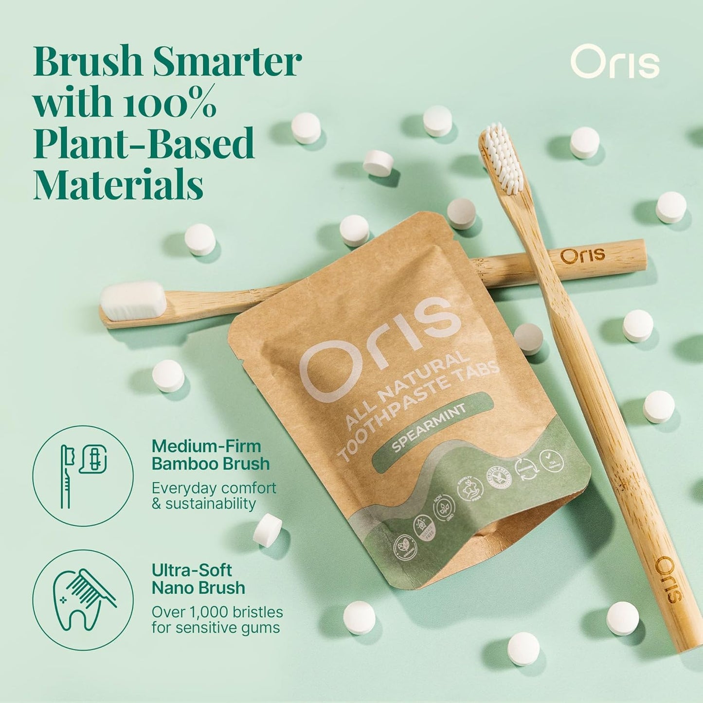 Oris Natural Toothpaste Tablets - Hydroxyapatite Enamel Remineralization | Kid-Friendly Spearmint - 62 Count