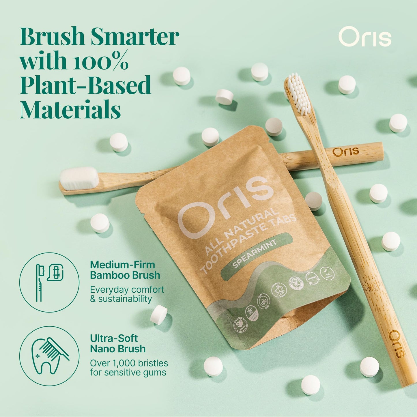 Oris Starter Bundle – 1 Month Supply: Natural Toothpaste Tablets | Fluoride-Free, Travel-Friendly, Kid-Safe with Enamel-Strengthening Nanohydroxyapatite (62 Count (Pack of 1), Spearmint)