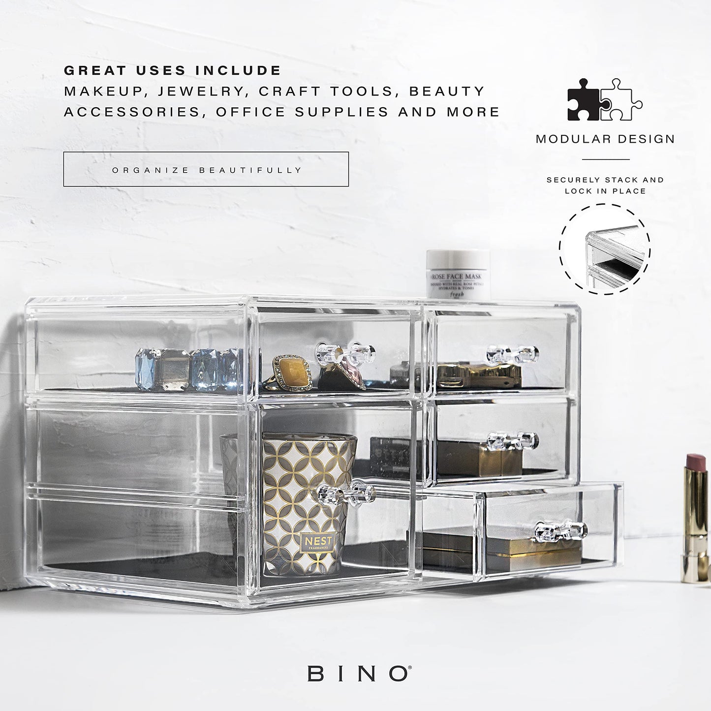 BINO | 3-Drawer Makeup Organizer, Park Avenue | THE MANHATTAN SERIES | Modular Design Storage Drawers | Vanity Acrylic Organizers | Stackable Storage Bins | Clear Makeup Organizers And Storage