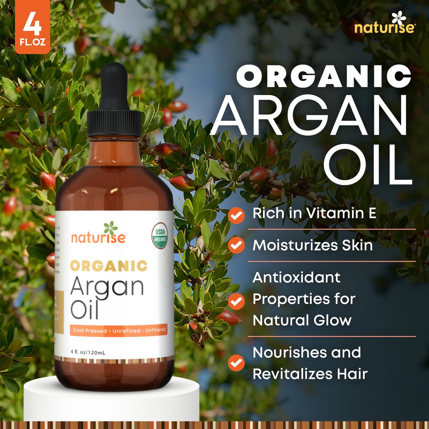 Naturise USDA Organic Argan Oil for Hair & Skin – 100% Pure Argan Oil of Morocco for Face, Skin Moisture & Hair Growth – Vegan, Non-GMO, Cold Pressed & Unrefined Oils in Glass Bottle (4 fl. oz.)