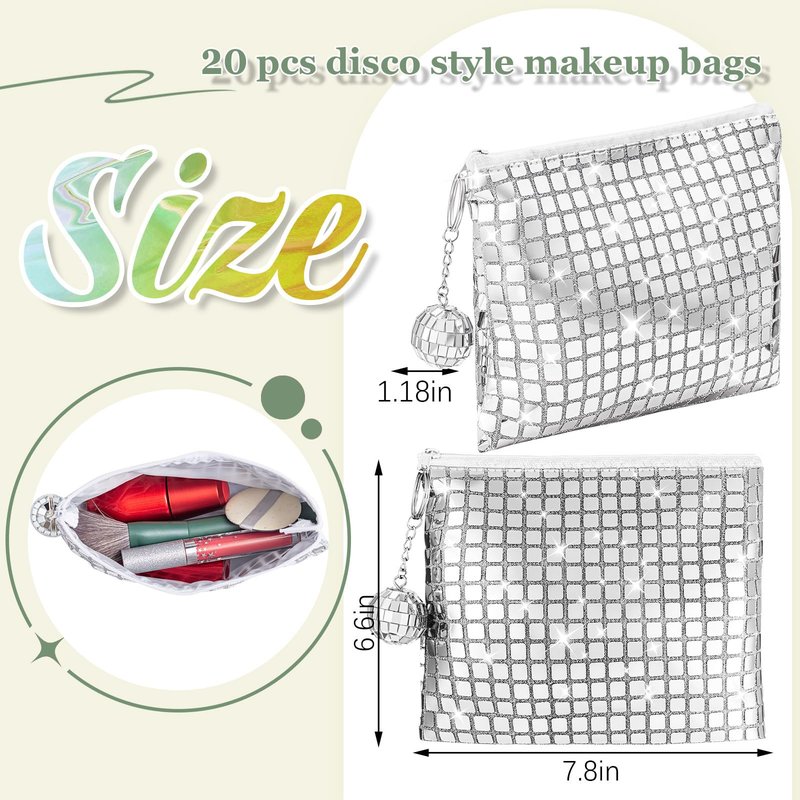 Locmeo 20 Pack Disco Party Favor Bags Sparkly Disco Ball Makeup Bachelorette Sequin Bag Portable Glitter Cosmetic Purse with Keychain for Bachelorette Wedding Birthday Retro Party Decoration (Silver)