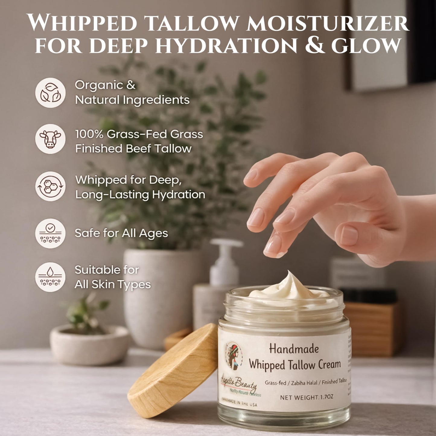 aspetto beauty 100% Whipped Grass Fed Beef Tallow for Skin, Face and Body – Natural Tallow Face Moisturizer, Organic Cream with Sweet Almond Oil – 1.7 oz. (Unscented/Herb-Infused)