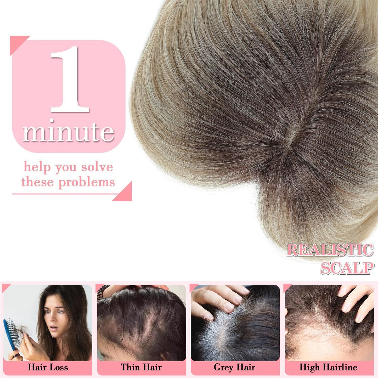 Megito Clip in Synthetic Hair Topper with Bangs for Women, 18inch Hair Topper Long Layered 6.5"X6.5" Big Base Toppers Hairpieces for Women with Thinning Hair Ombre Mix Blonde Color