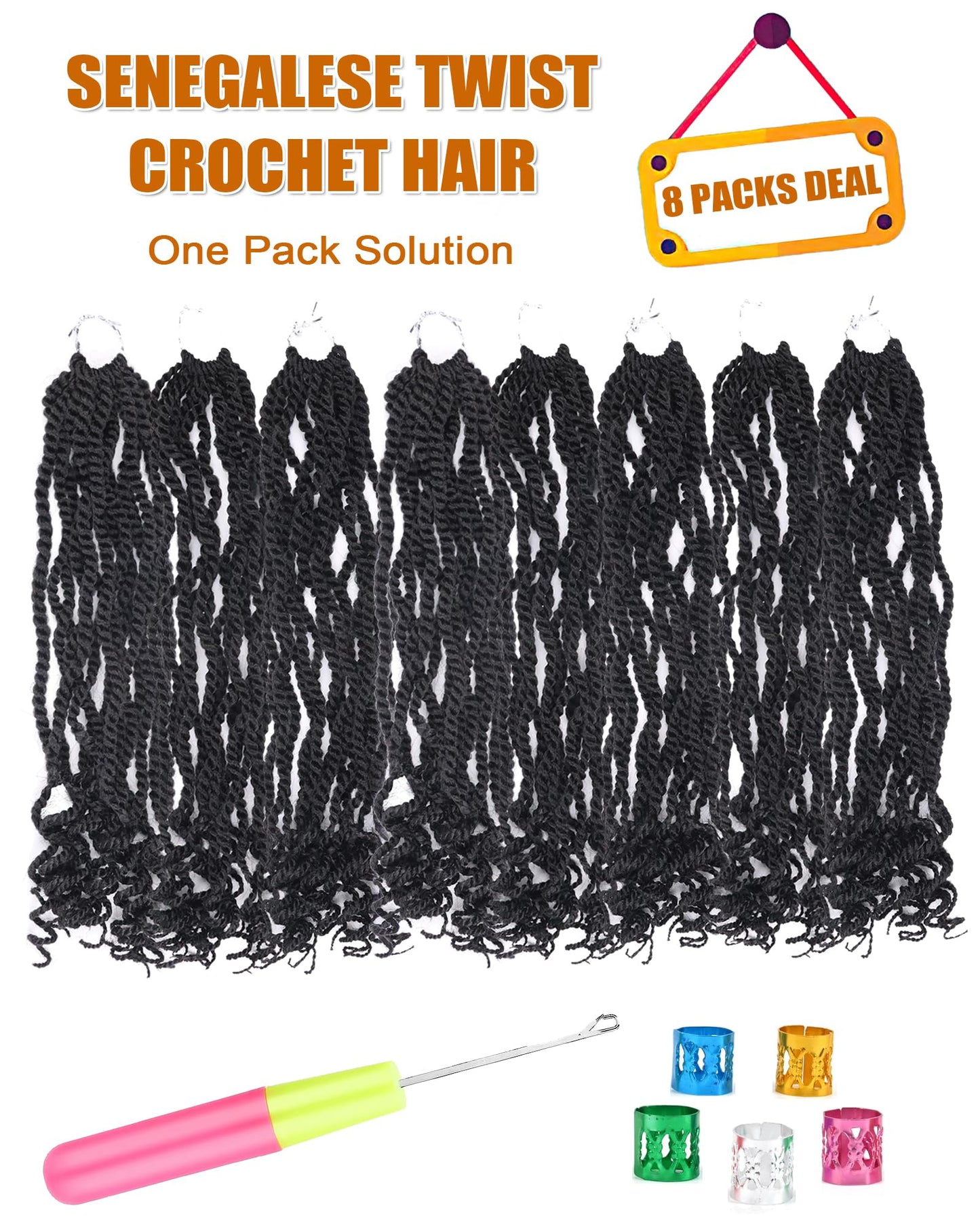14 Inch Crochet Hair Senegalese Twist Crochet Braids for Black Women 8 Packs Pre Looped Short Micro Braids with Curly Ends Pre Twisted Kinky Twists Crotchet Braid (14 Inch,1B)