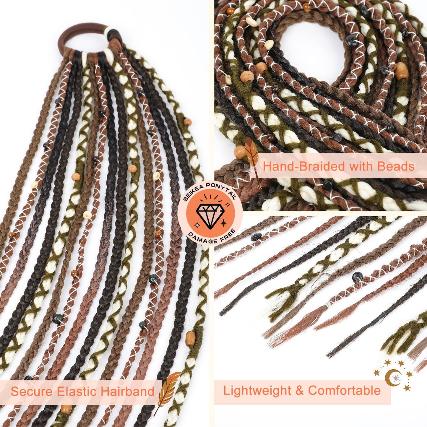 SEIKEA 2PCS Boho Braided Ponytail Extension with Hair Tie, 24" Long Viking Dreadlock Beads Ponytail Hand-braided Braids Hair Extensions Lightweight Natural Synthetic Hairpiece for Festival Cosplay