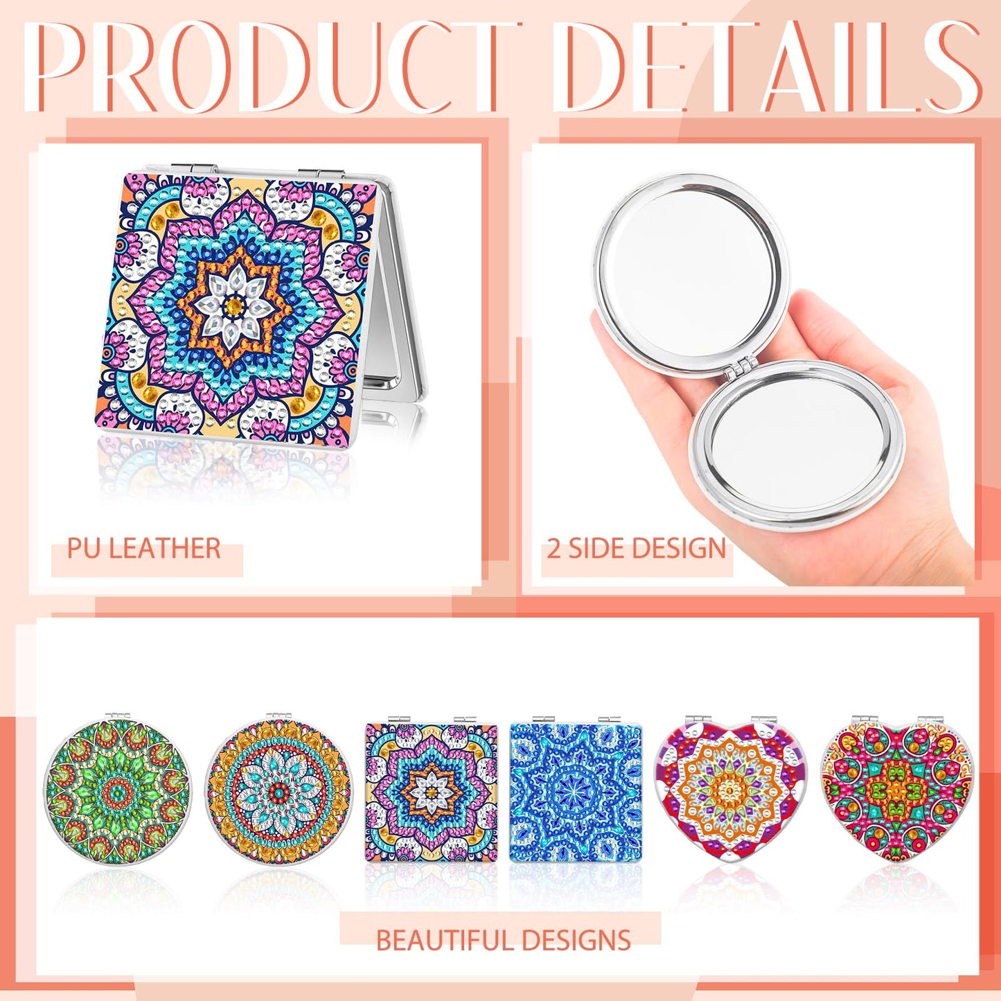 Thyle 6 Pcs Painting Compact Mirror DIY Painting Pocket Portable Folding Purse Mirror with Magnification Diamond Art Kits for Women Gifts