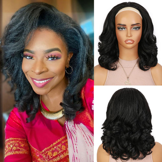 FANCEE Yaki Curly Half Wig Loose Curly Synthetic Kinky Straight Wig With Curly End for Black Women DIY Hair Style