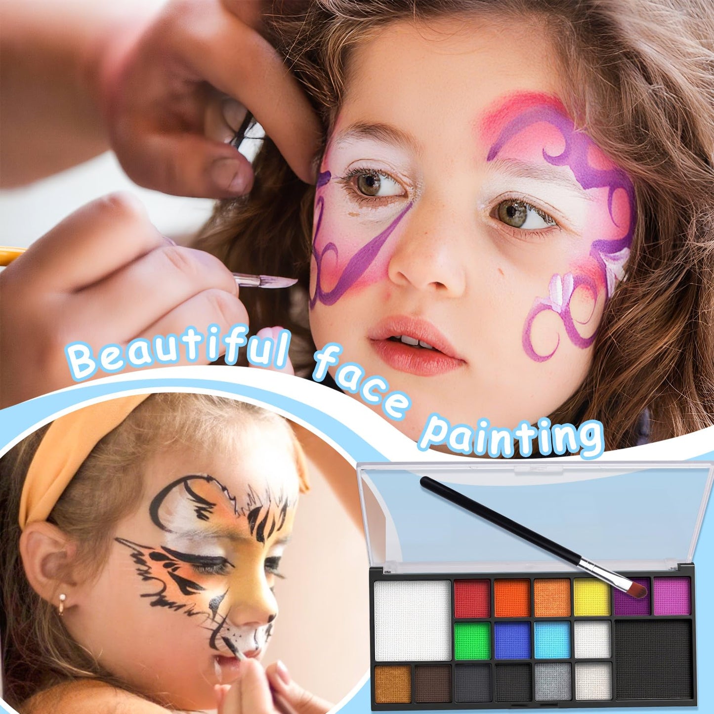 Catephe Face Painting Kit for Kids, 18 Colors Body Paint Set With Brushes, Body Makeup Kit for Makeup Parties, Halloween