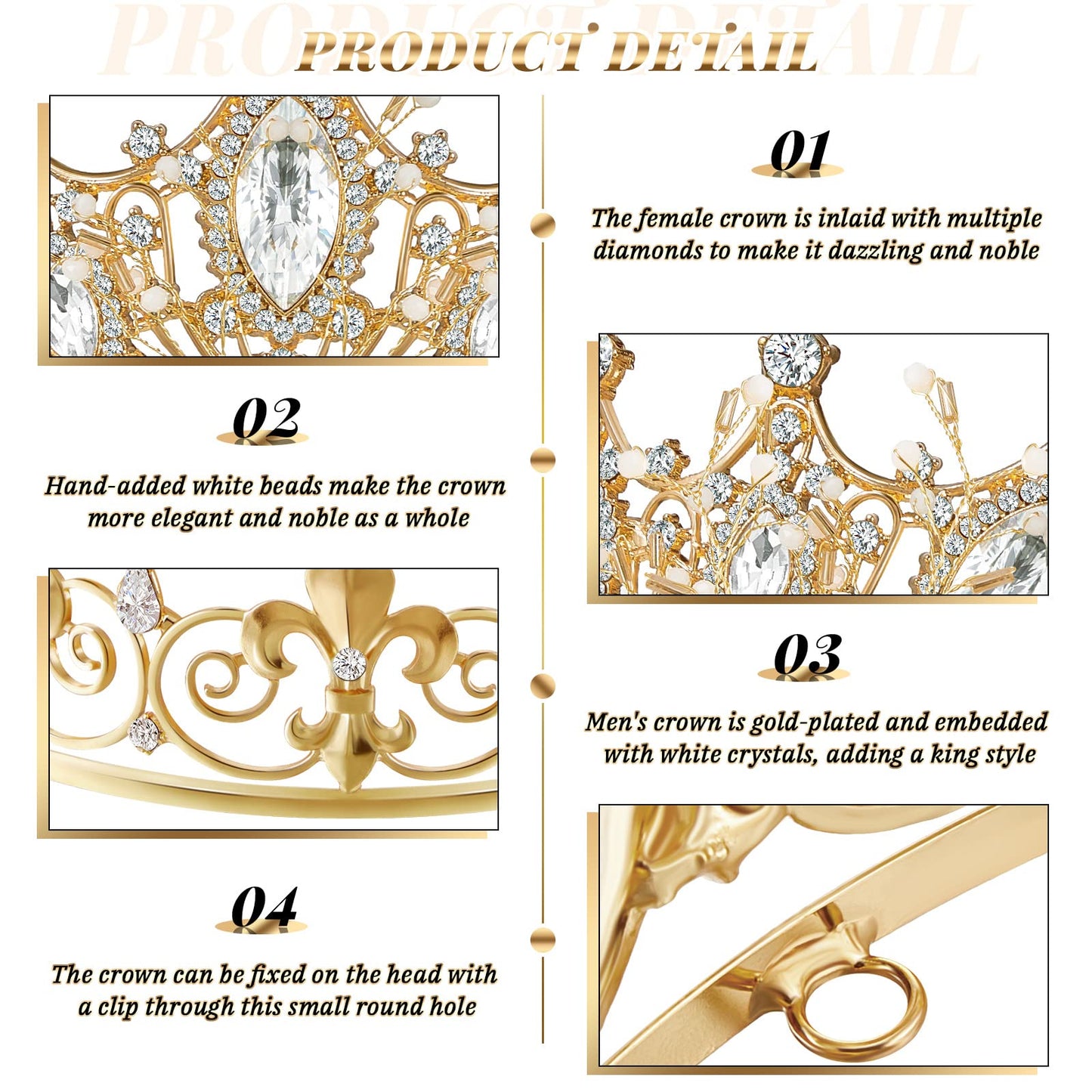 Henoyso 4 Pcs Prom King and Queen Crowns Set Prince Princess Tiara Crystal Headband Crowns for Women Man Graduation Homecoming Wedding Birthday Summer Party(Gold, Silver,Royal Style)