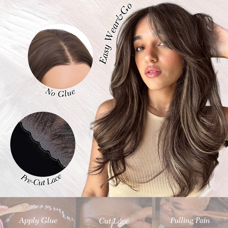 WECAN Brown Mixed Blonde Glueless Wigs Synthetic Lace Front Wigs 13x4 Pre Plucked Pre Cut Blonde Highlight Wavy Wig