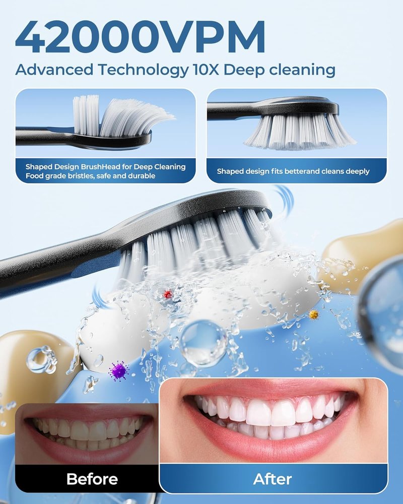 Electric Toothbrush - 4 Brush Heads, Travel Case, 180-Day Battery Life | Waterproof, 6 Modes, Smart Timer