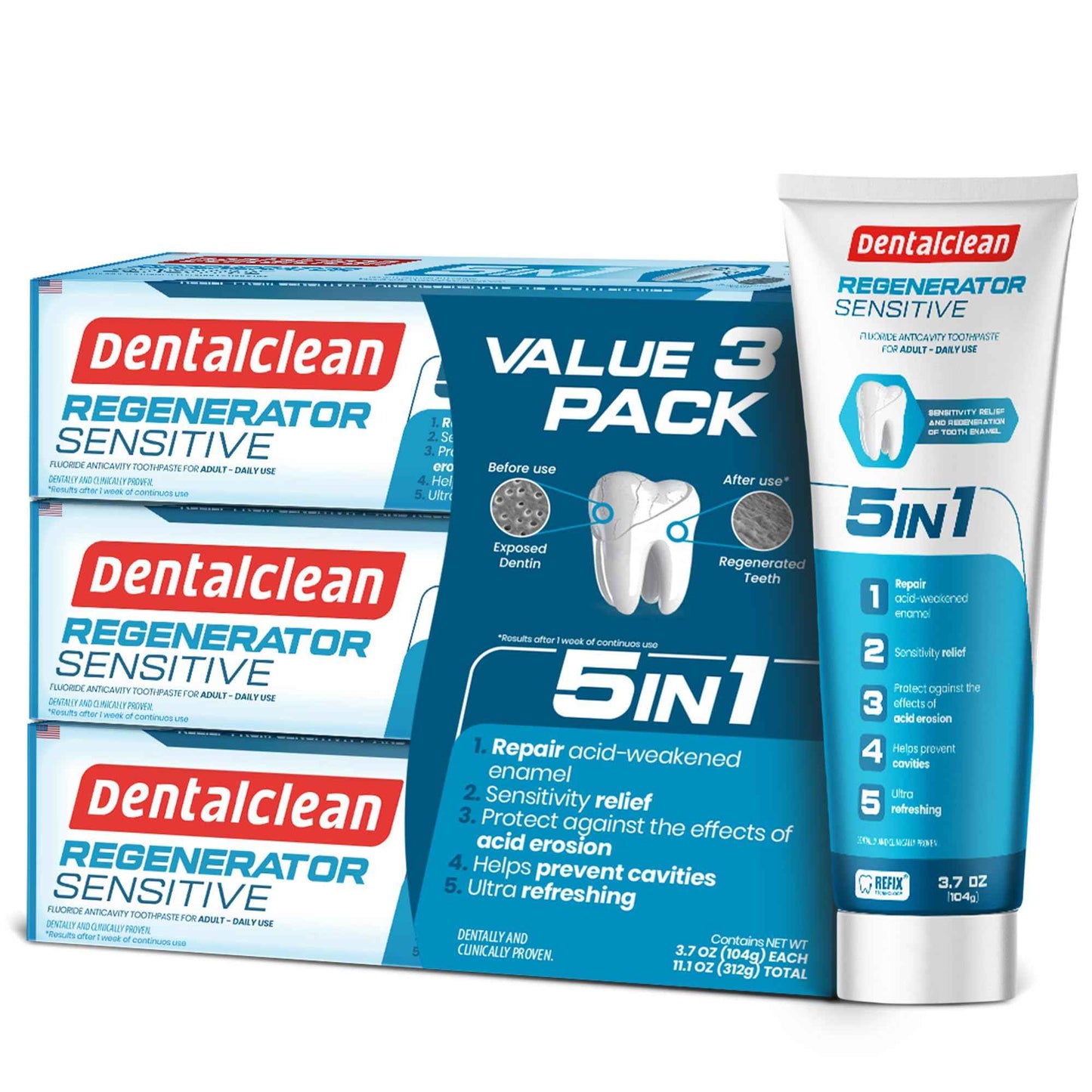 Dentalclean Pack of 3 Regenerating Tooth Gel - Natural Mint, Enamel Regeneration and Cavity Prevention - 3.7 oz 104g