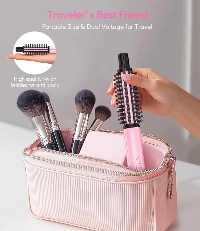 Mini Thermal Brush - 3 Temperature Adjustable Heated Round Brush for Short Hair | Travel Size Curling Iron, Pink 3/4 Inch