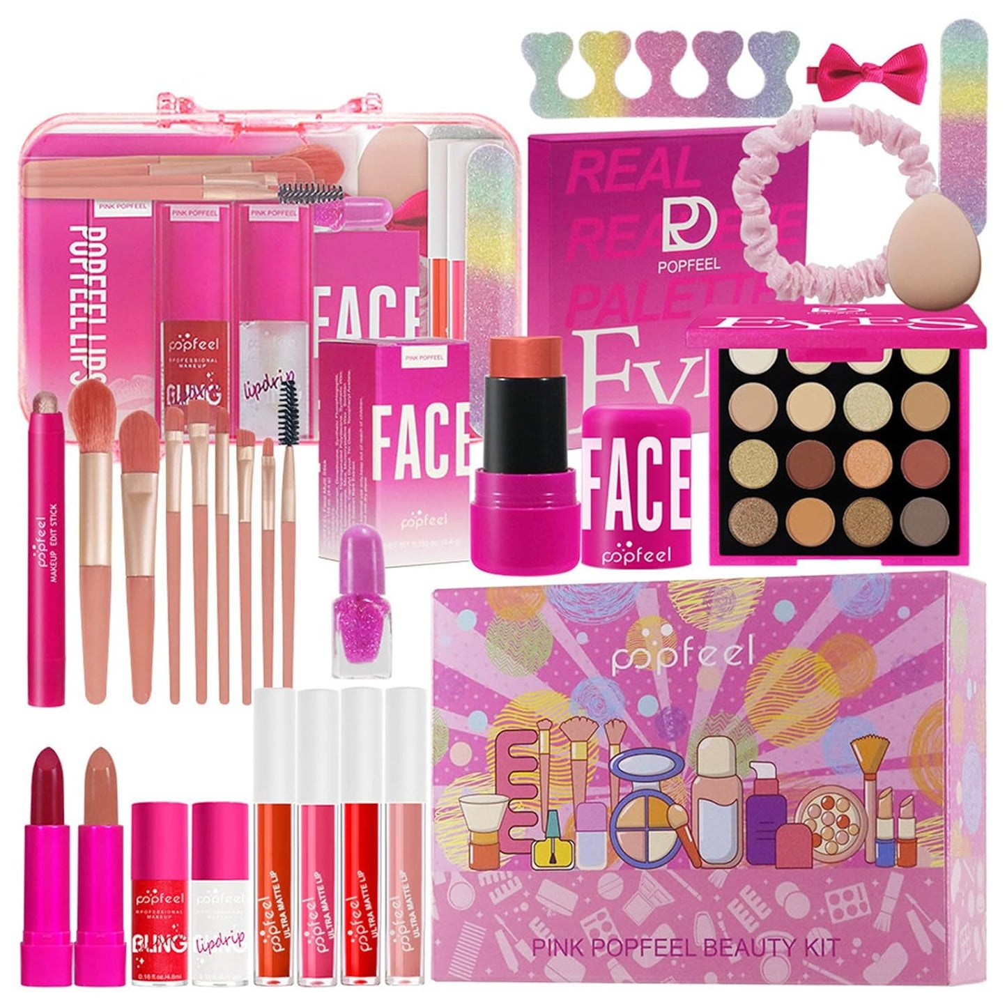 All-in-One Makeup Kit for Women - Hot Pink Essential Bundle with Eyeshadow, Lipstick, Blush & Foundation | Perfect Mother's Day Gift