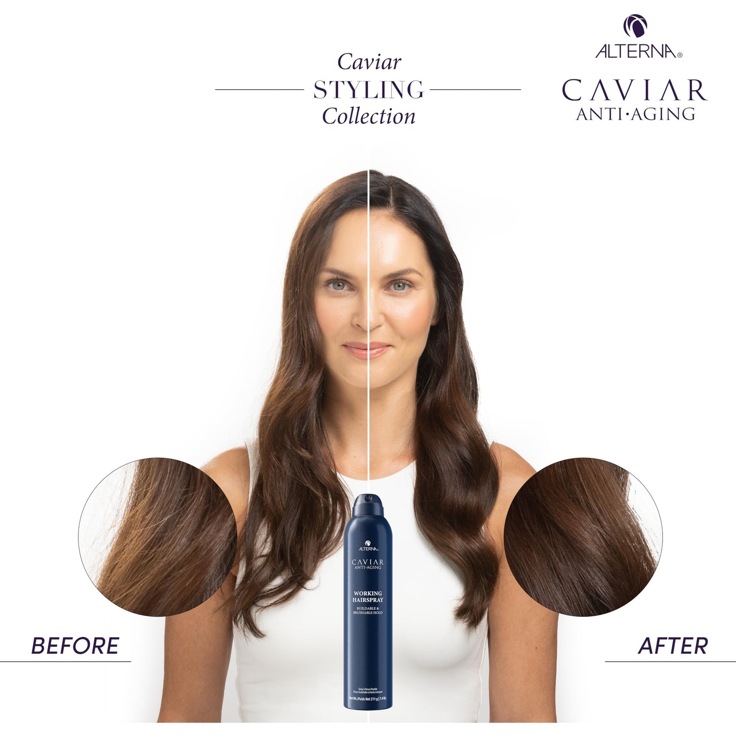 Alterna Caviar Working Hairspray | Buildable, Brushable Hold | Helps Control Frizz & Adds Shine | Sulfate Free, 7.4 Fl Oz (Packaging May Vary)