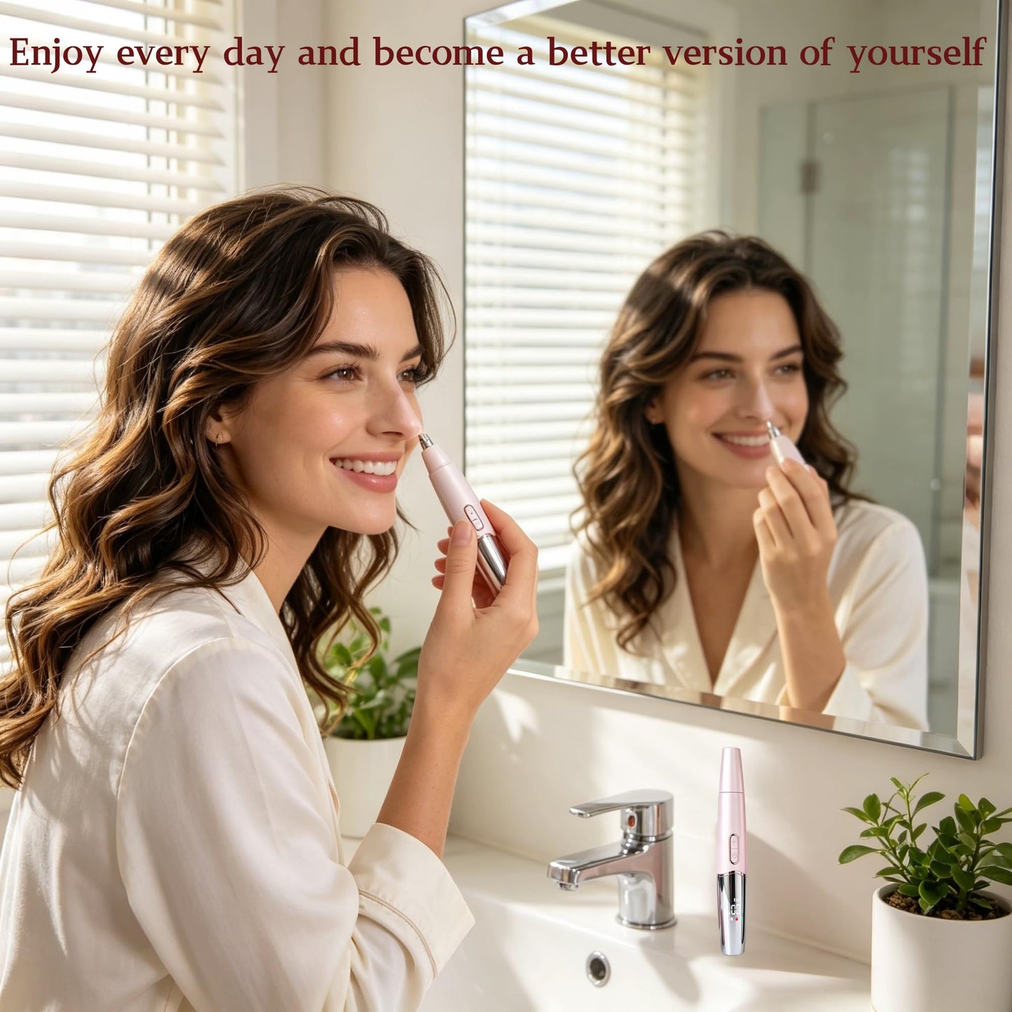 RFSCDI 5-in-1 Nose Hair Trimmer for Women, USB-C Rechargeable Painless Eyebrow & Facial Trimmer, IPX7 Waterproof Gift Set, LED Display with 5 Blade Heads, Sakura Pink