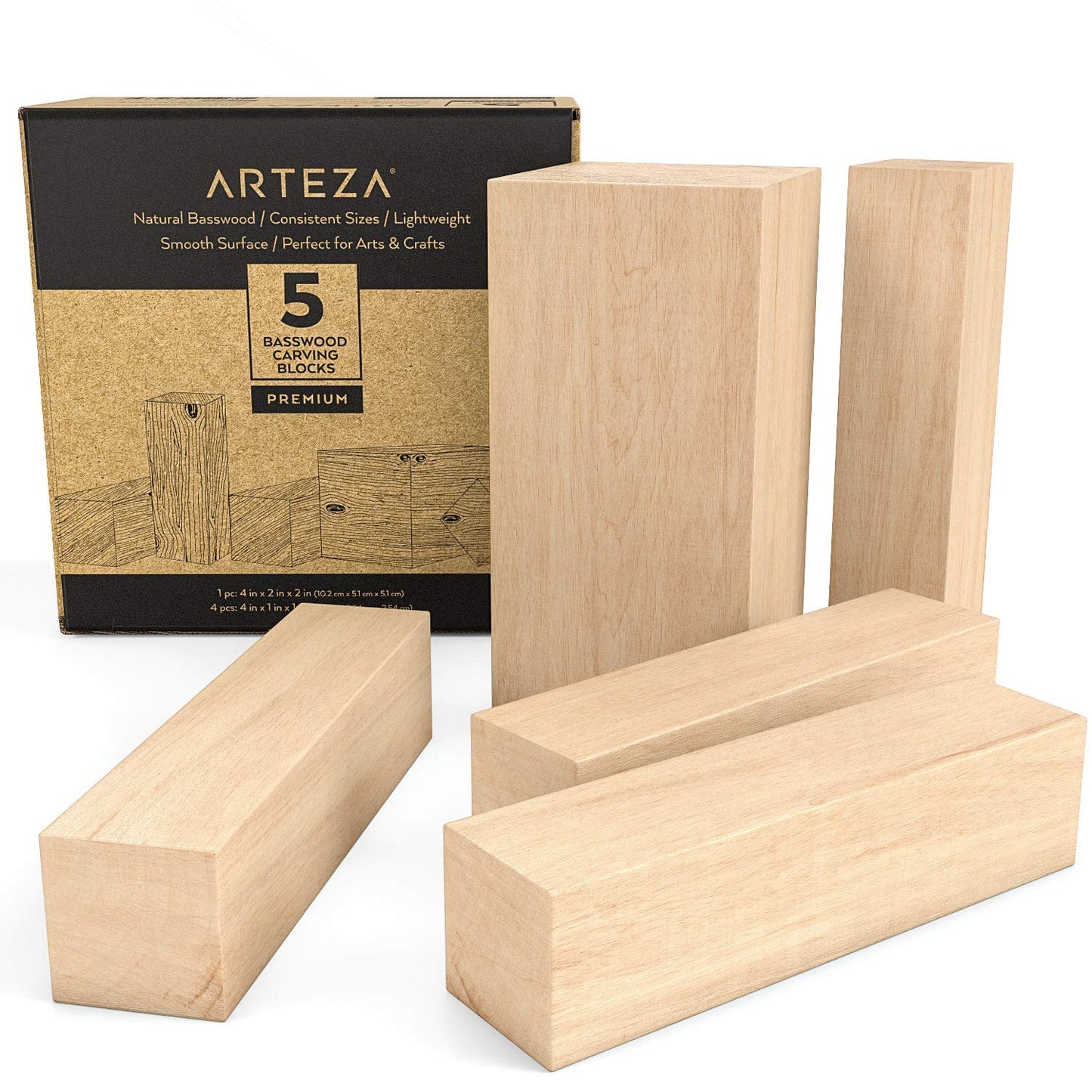 ARTEZA Basswood Carving Blocks, Set of 5, One 4 x 2 x 2 Inches and Four 4 x 1 x 1 Inches, Wood Blocks for Carving, Crafting, Whittling
