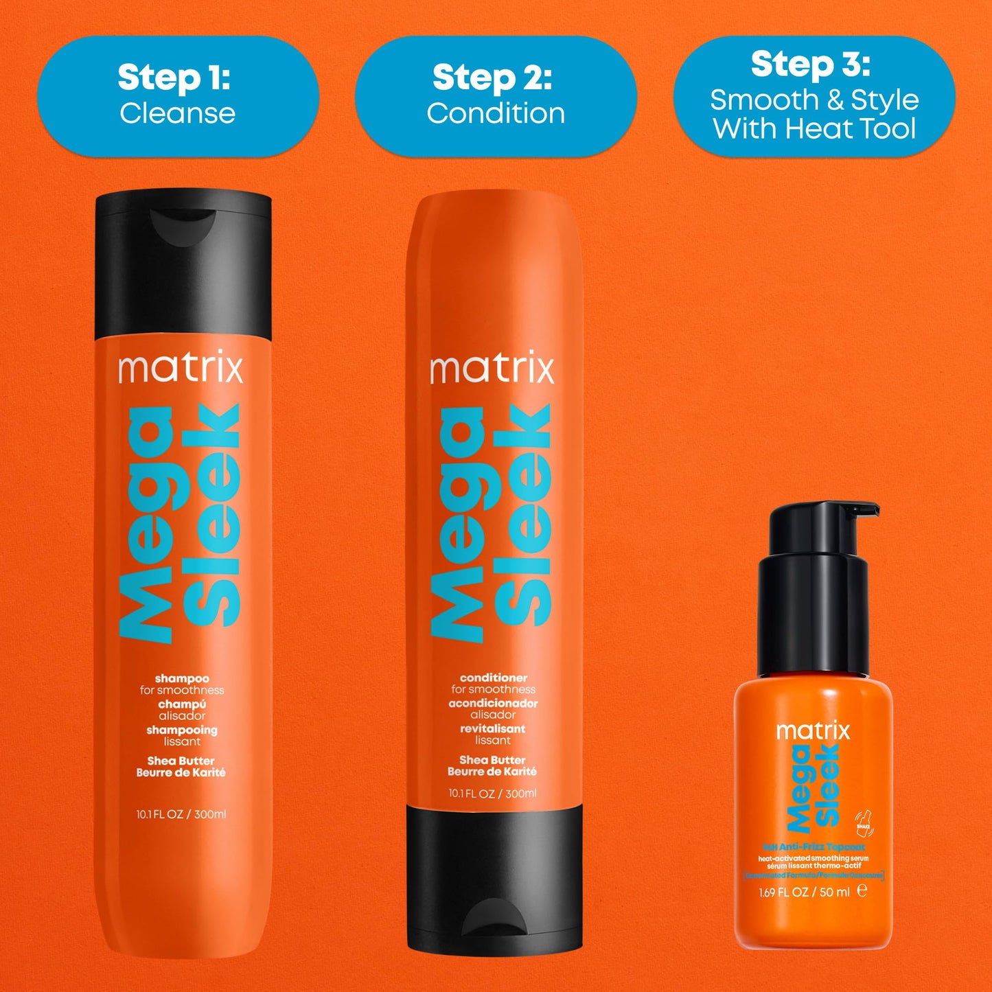 Matrix Mega Sleek 96H Anti-Frizz Topcoat Serum - Humidity Resistant Heat Protection, For Frizzy Hair & All Hair Types, Anti-Frizz Hair Care, Shine Serum