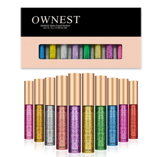 Ownest 10 Colors Liquid Glitter Eyeliner Set, Metallic Shimmer Liquid Eyeshadow Set, Long Lasting Waterproof Shimmer Sparkling Liquid Eyeliner & Shadow Duo, Glitter Eyes Makeup Kit
