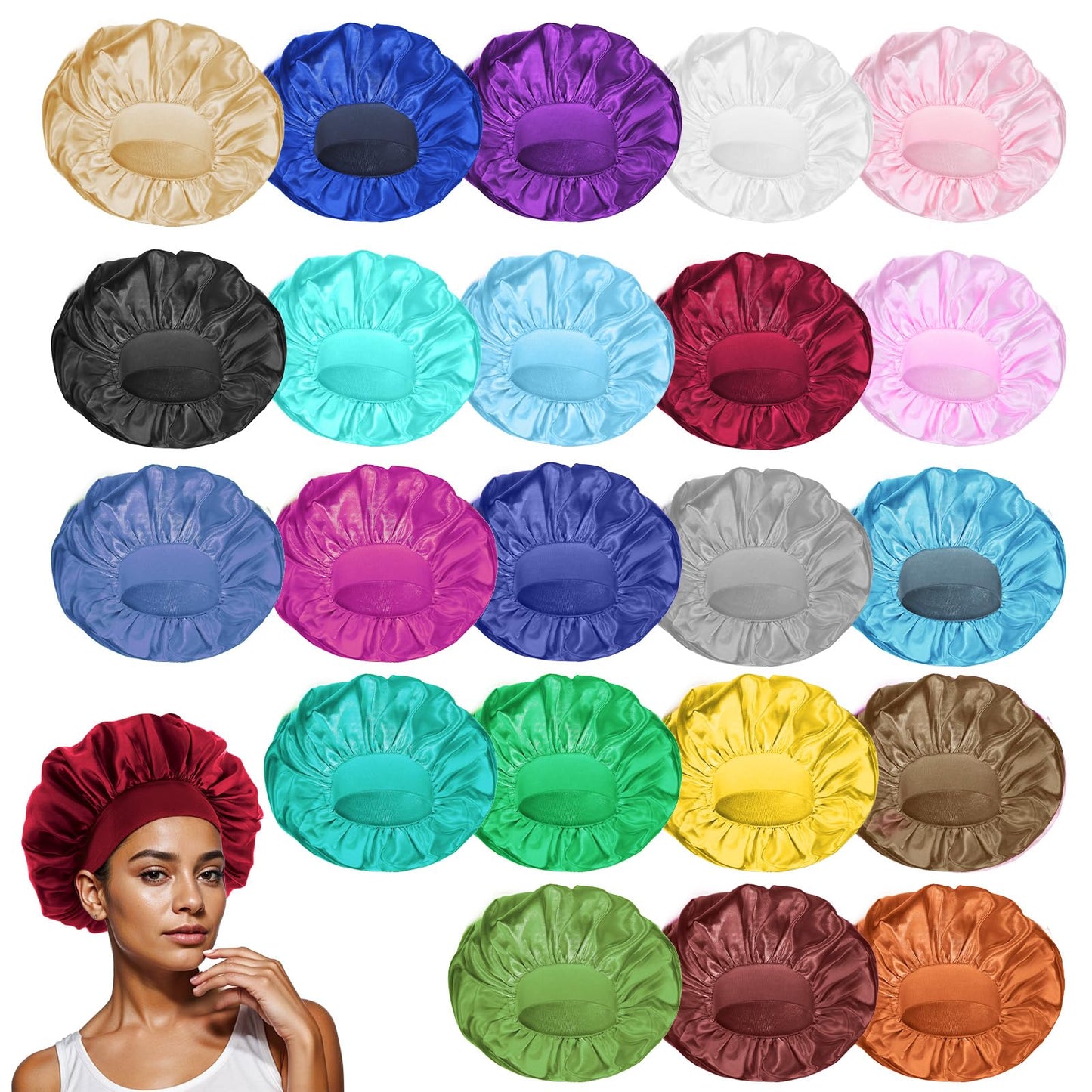 COMNICO 22 Pcs Silk Hair Bonnet for Sleeping, Elastic Wide Band Satin Bonnets Reusable Soft Sleep Cap Color Large Bathing Shower Cap for Women Curly Hair