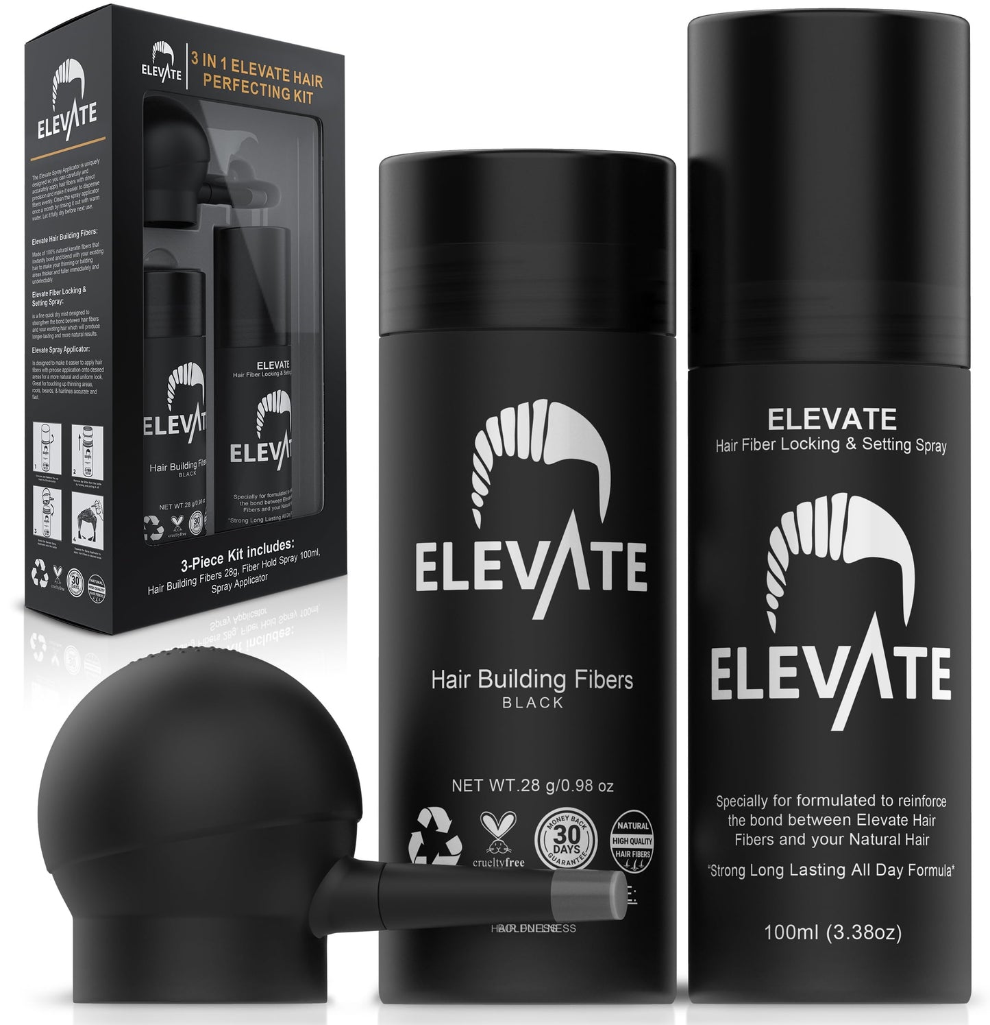 ELEVATE Hair Perfecting 3-in-1 Kit Includes Natural Hair Thickening Fibers & Spray Applicator Pump Nozzle & Locking Setting Hold Spray | Instantly Conceal Balding and Thinning Areas (Black)