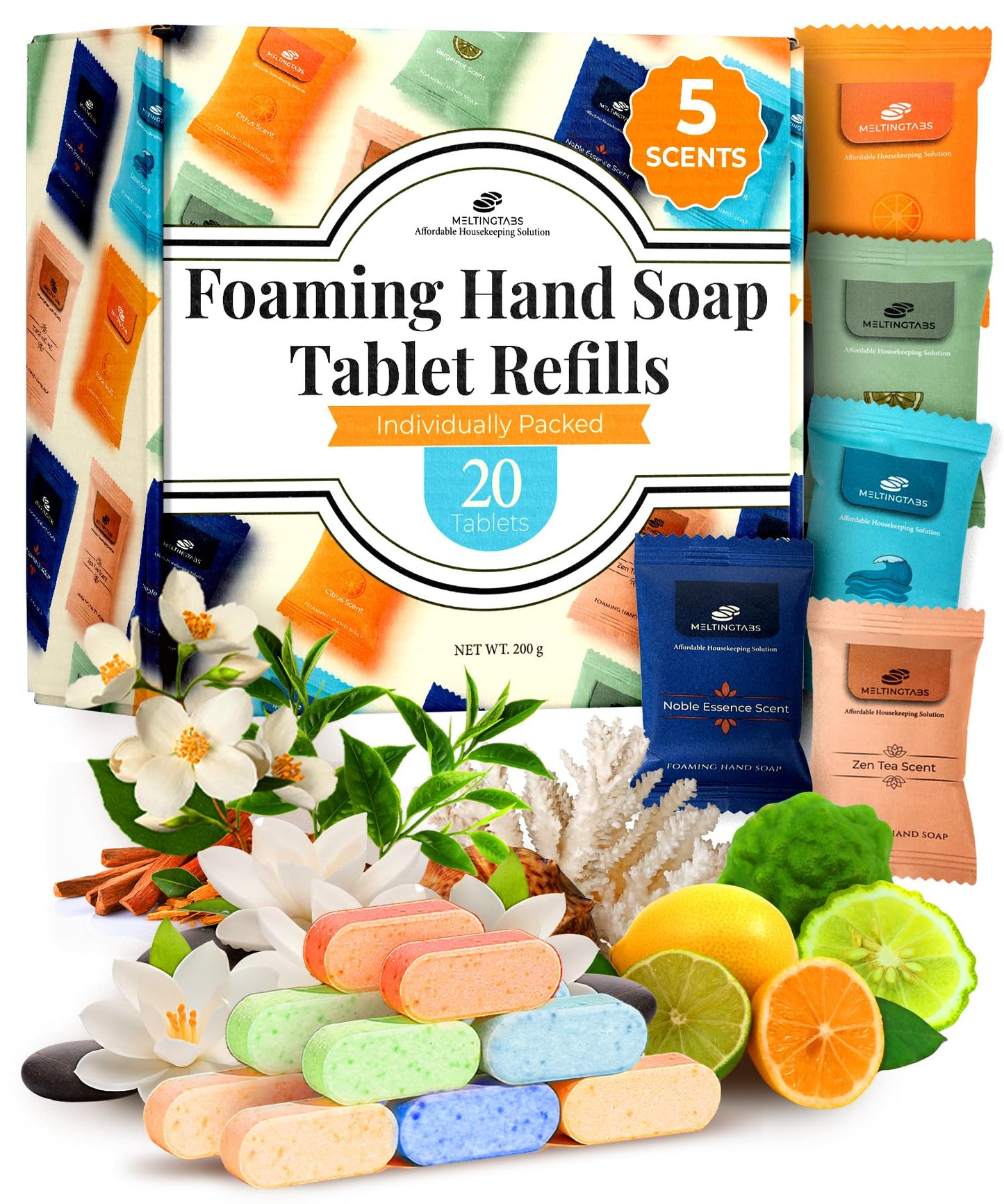 MELTINGTABS Foaming Hand Soap Tablets, Variety Pack — 20 Refill Tablets in 5 Scents (Citrus, Bergamot, Ocean, Noble Essence, Zen Tea) — Plastic-Saving Concentrated Refills for Foaming Dispensers