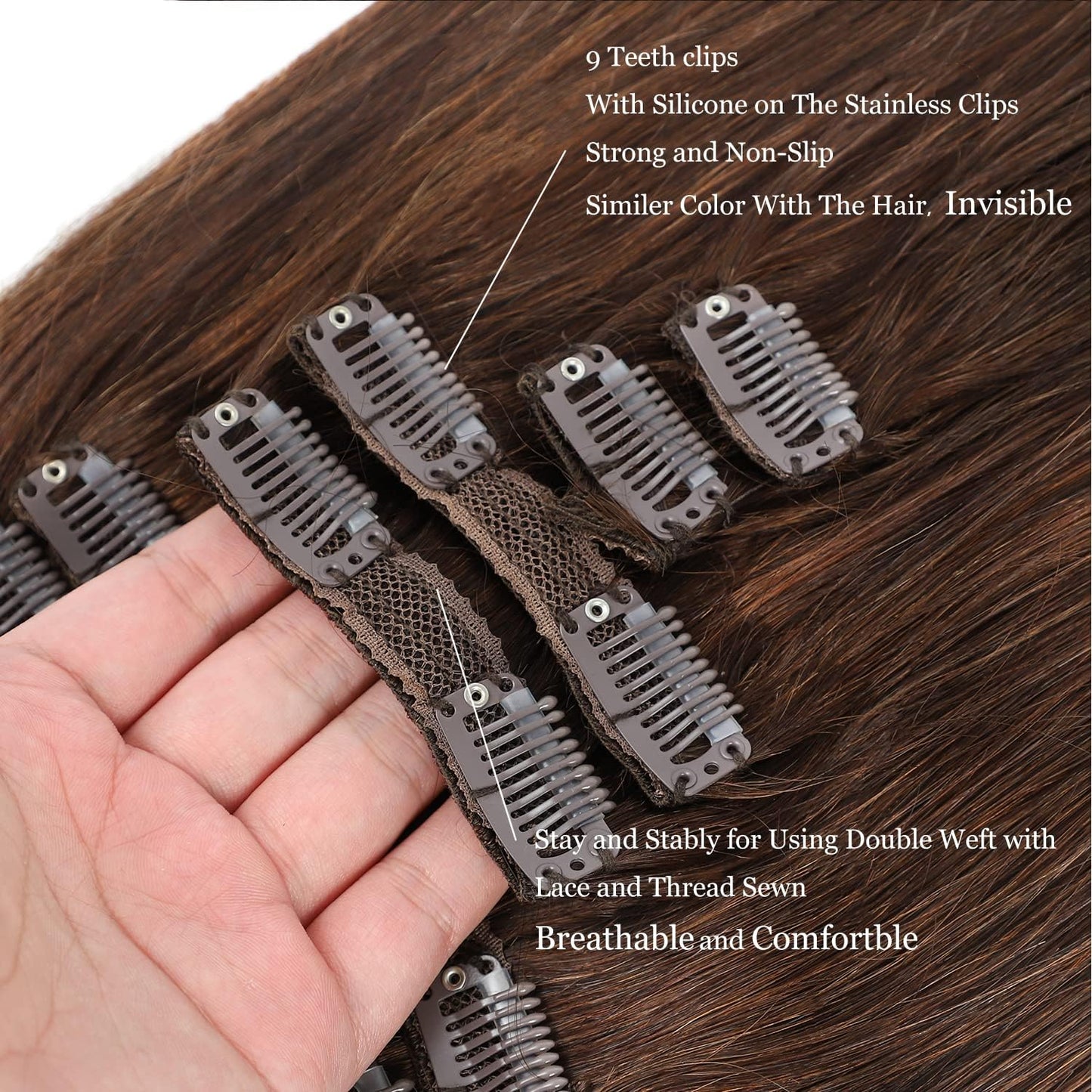 Ornate Hair Extensions Brown Real Human Hair Darkest Brown 100g Invisible Removable Thick Straight Fishing Line 8 Pieces Per Set Clip in Extensions Human Hair (4# clip in human hair, 14 inches-100g)