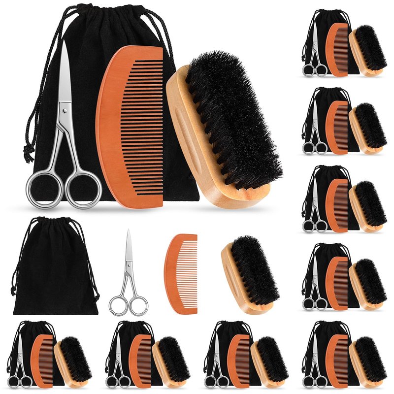 Maitys 10 Sets Beard Brush and Comb Set Bulk Boar Bristle Beard Brush Comb Scissors Kit Gifts for Men Father Colleague Employee Appreciation(Rectangle)