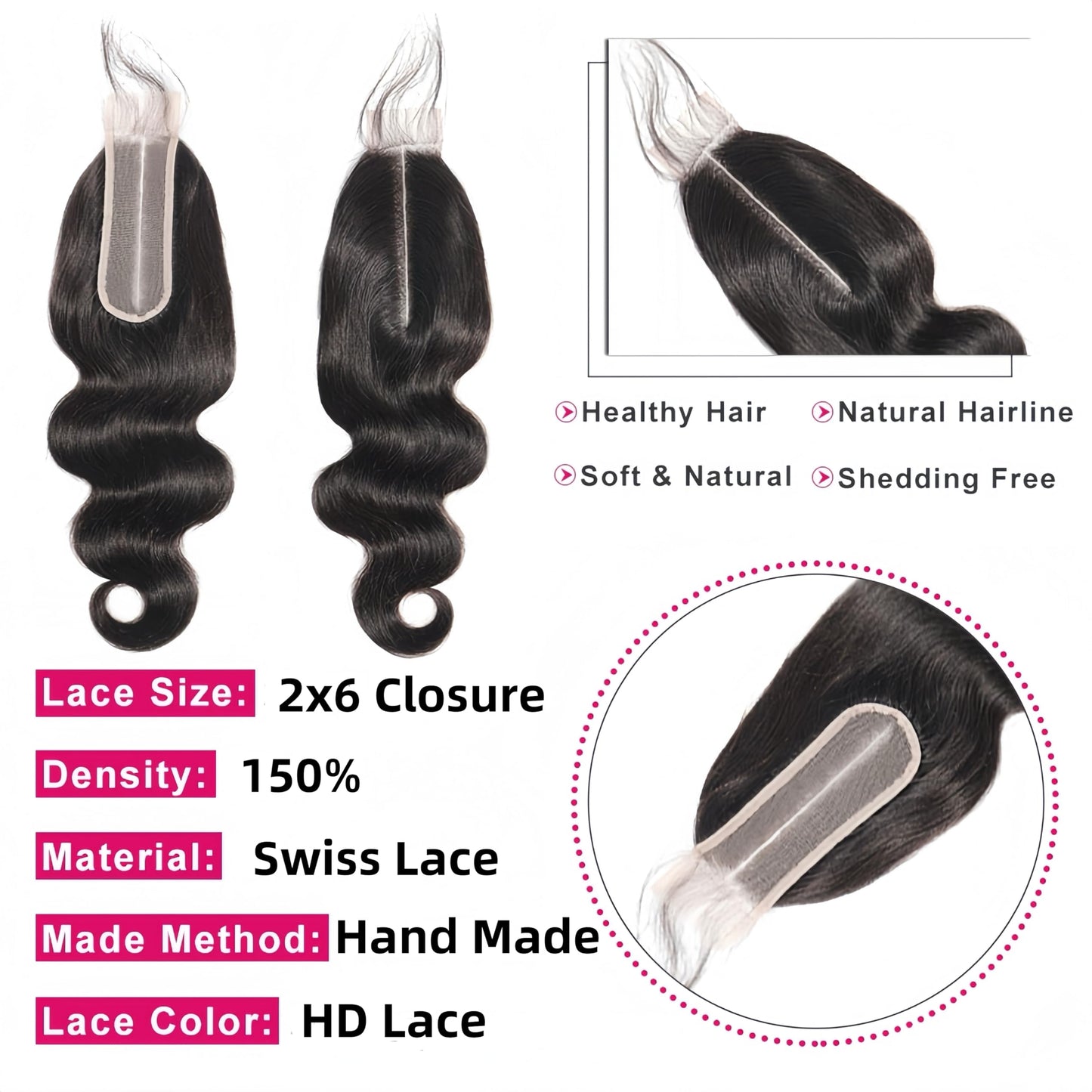 Czrleaty Brazilian 2x6 HD Lace Closure with Baby Hair Deep Middle Part 2x6 Closure Human Hair Body Wave (20")