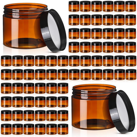 Tanlade 100 Pcs 2 oz Amber Plastic Cosmetic Jars with Lids Empty Leak Proof Container Refillable Cosmetic Jars Airtight for Cream, Lotion, Powder, Ointment, Beauty Products Travel Storage(Round)
