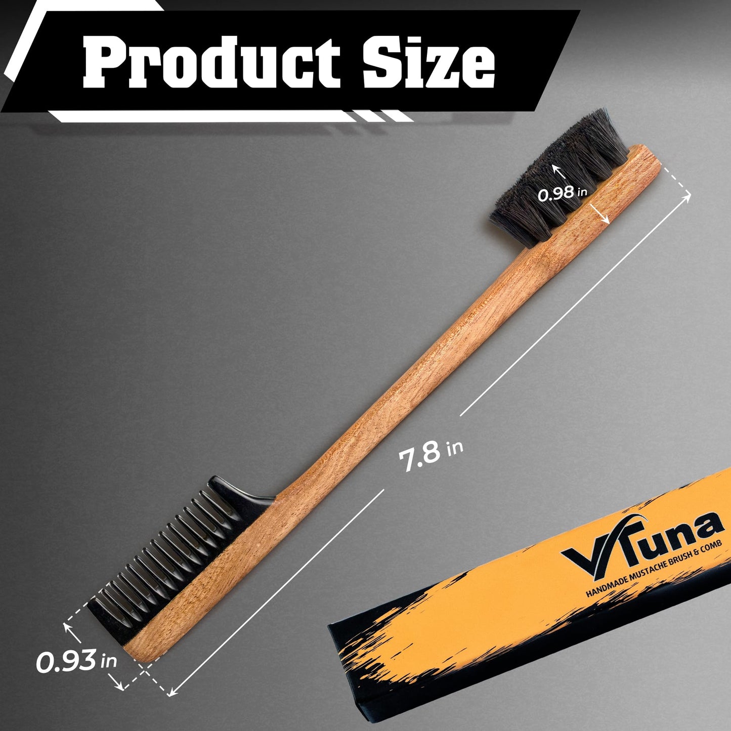 Vtuna 2-in-1 Beard Comb & Brush - Mustache & Beard Comb for Men. Handcrafted from Solid Wood, Buffalo Horn, and Cow Tail Hair. Comes in a Box, Perfect for Gifting.