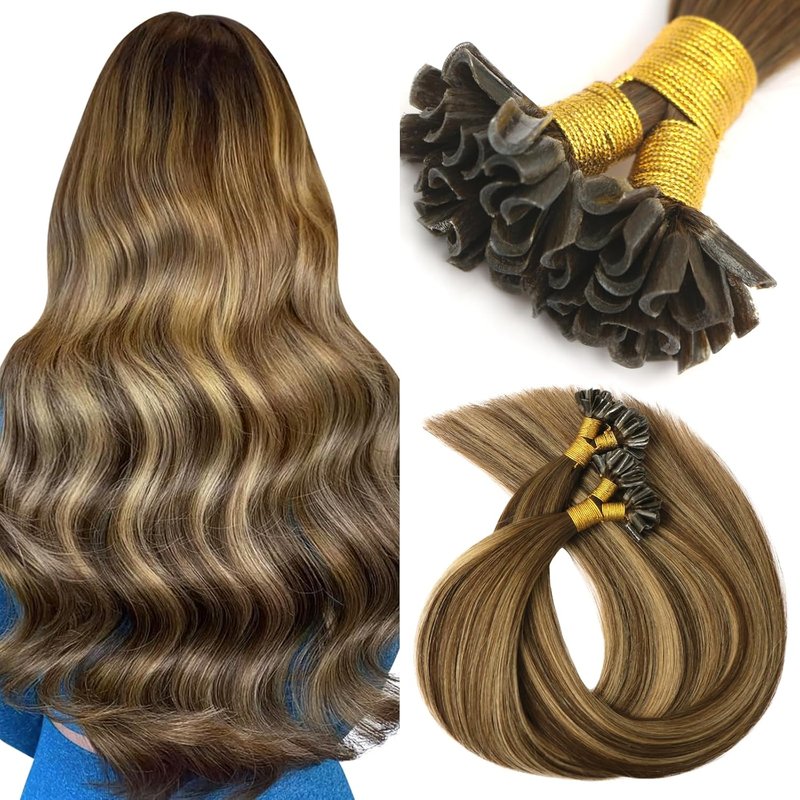 U Tip Hair Extensions - Human Hair Balayage Dark Brown & Caramel Blonde - 14 Inch, 40g, Keratin Fusion #4/27/4