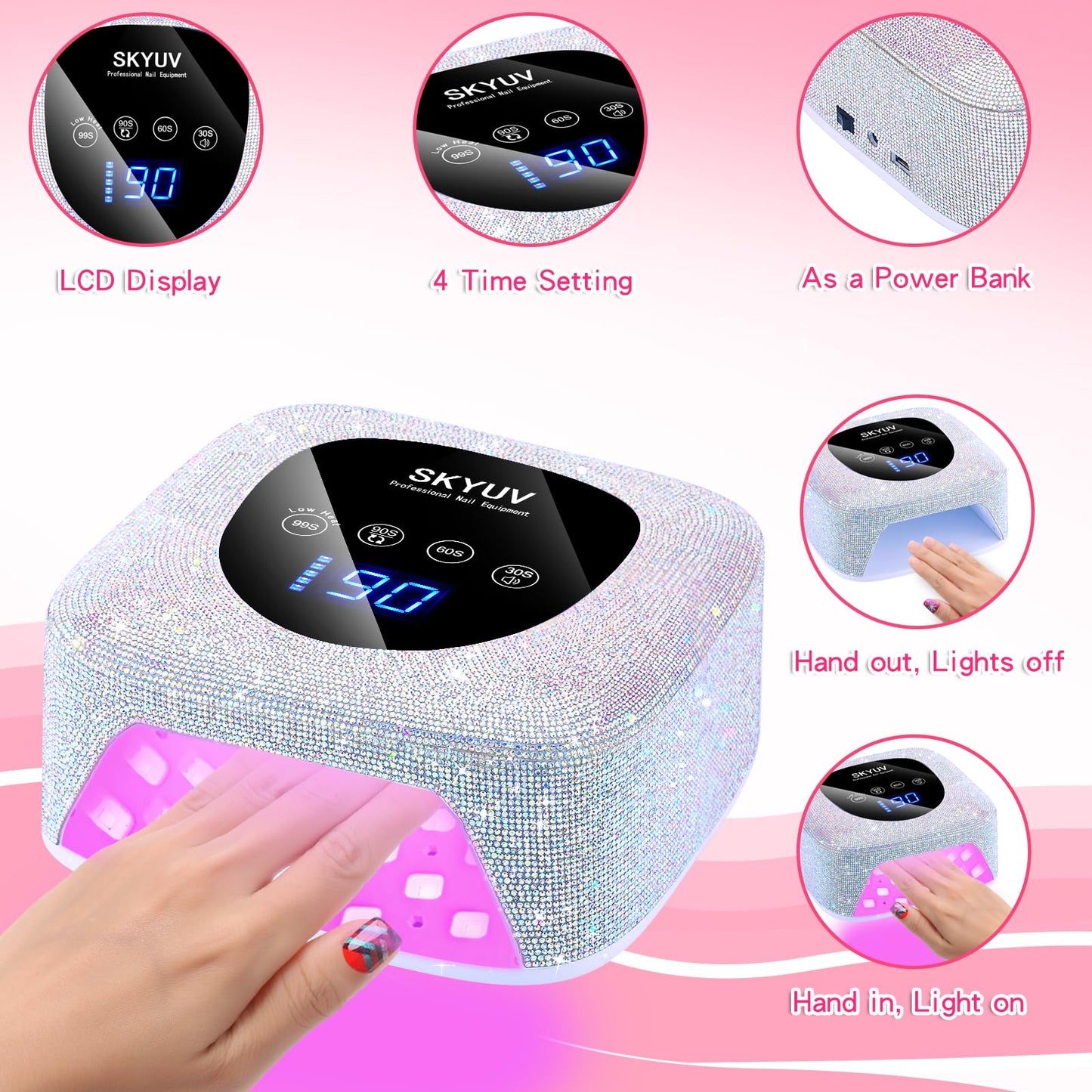 Rechargeable UV LED Nail Lamp, SKYUV Cordless Nail Dryer for Gel Polish, UV Nail Lamp with 4 Timers Setting and LED Touch Screen, Professional Curing Lamp Light with 30 Beads for Salon and Home