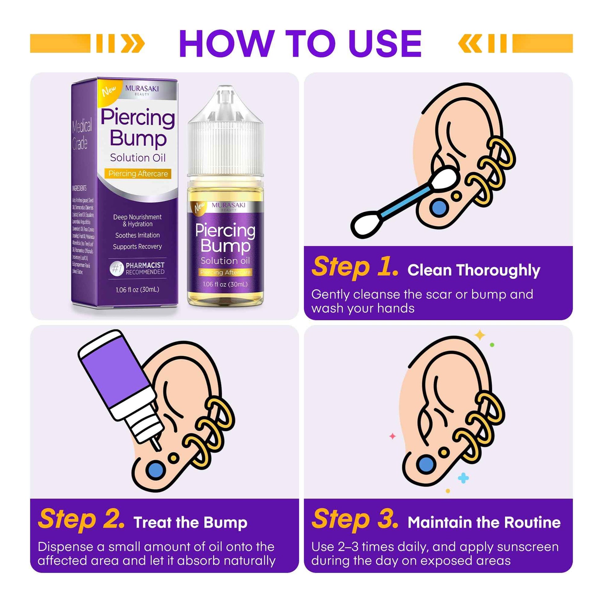 MURASAKI BEAUTY Piercing Bump Solution Oil, 1.06 fl oz, Aftercare Treatment (2 Pack)