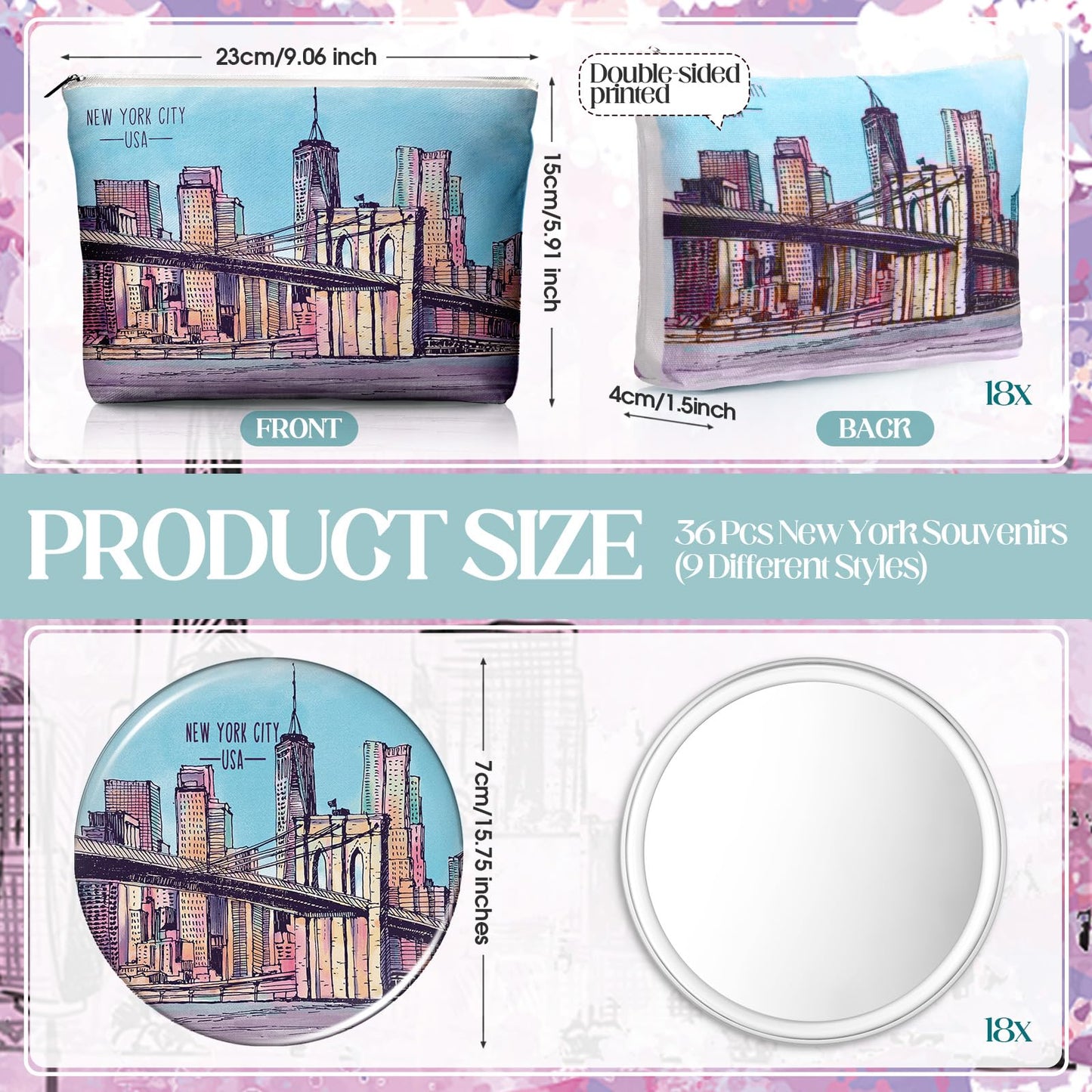 Bulyoou 18 Set New York Souvenirs Gifts Bulk City Cosmetic Bag Nyc Makeup Mirrors Souvenirs from USA Women New York Makeup Bag Birthday Party Favors Trip Journey Gifts for Friend Sisters