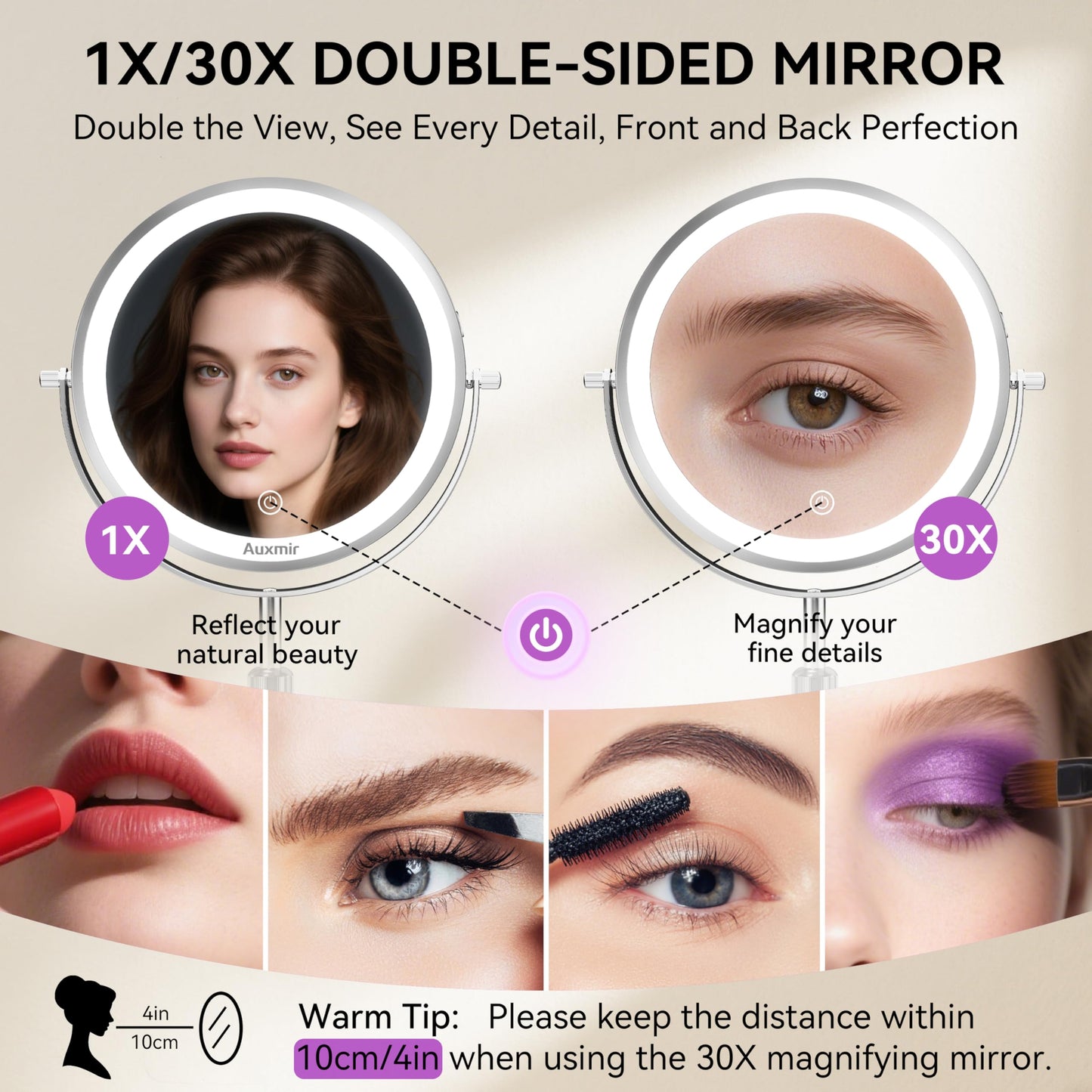 Auxmir 9" Large Lighted Makeup Mirror with Magnification, 1X/30X Double Sided Magnifying Mirror with Adjustable Height, Rechargeable Vanity Mirror with 3 Color Dimmable Lights, 360° Rotation