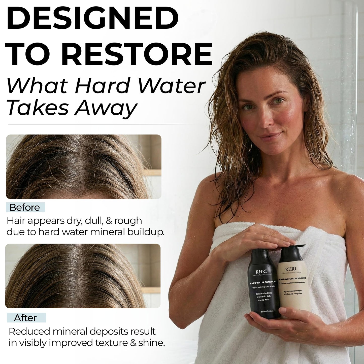 RHRI Hard Water Shampoo & Conditioner Set | Metal Detox Shampoo with Collagen | Hydrating Hair Treatment for Shine & Manageability | Clarifying Wash, Bentonite Clay, Volcanic Ash, Lactic Acid 32 FL oz