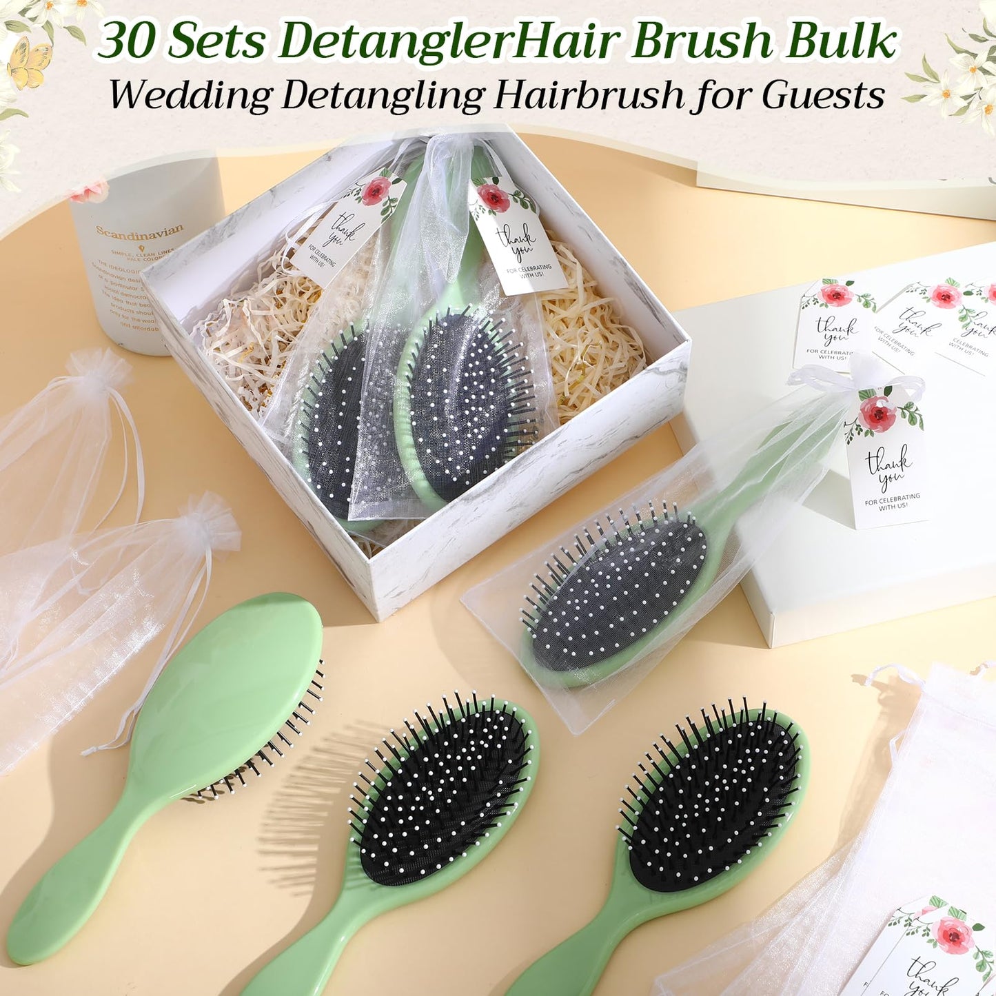 Yiyiring 30 Sets Bridal Shower Hair Brush Favors for Guests Sage Green Wet Detangling Brush bulk with Organza Bags Thank You Card for Wedding Baby Shower Party Gifts for Women
