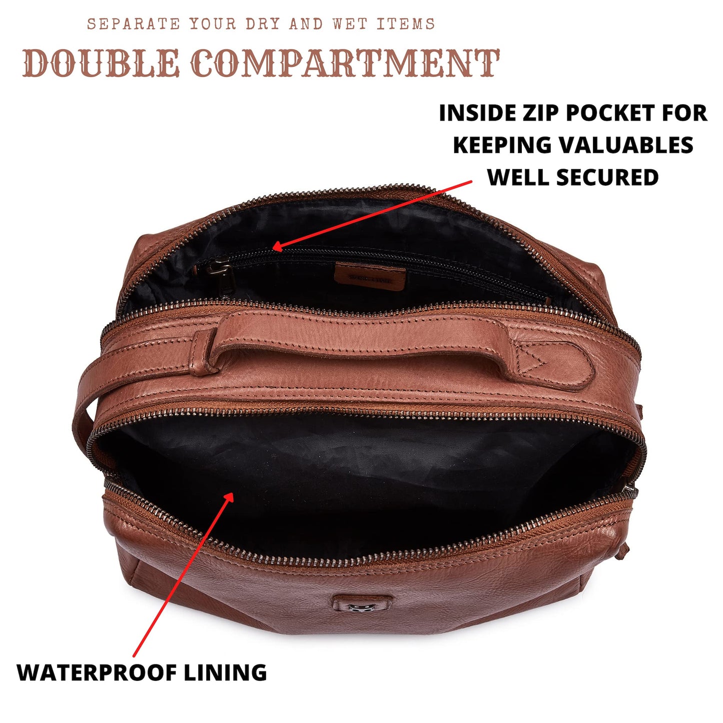 Wise Owl Accessories Real Leather Toiletry Bag Dopp Kit for Men Women Travel Shaving Pouch Organiser With Waterproof Lining Double Compartment Cosmetic Case Gift (Cognac)