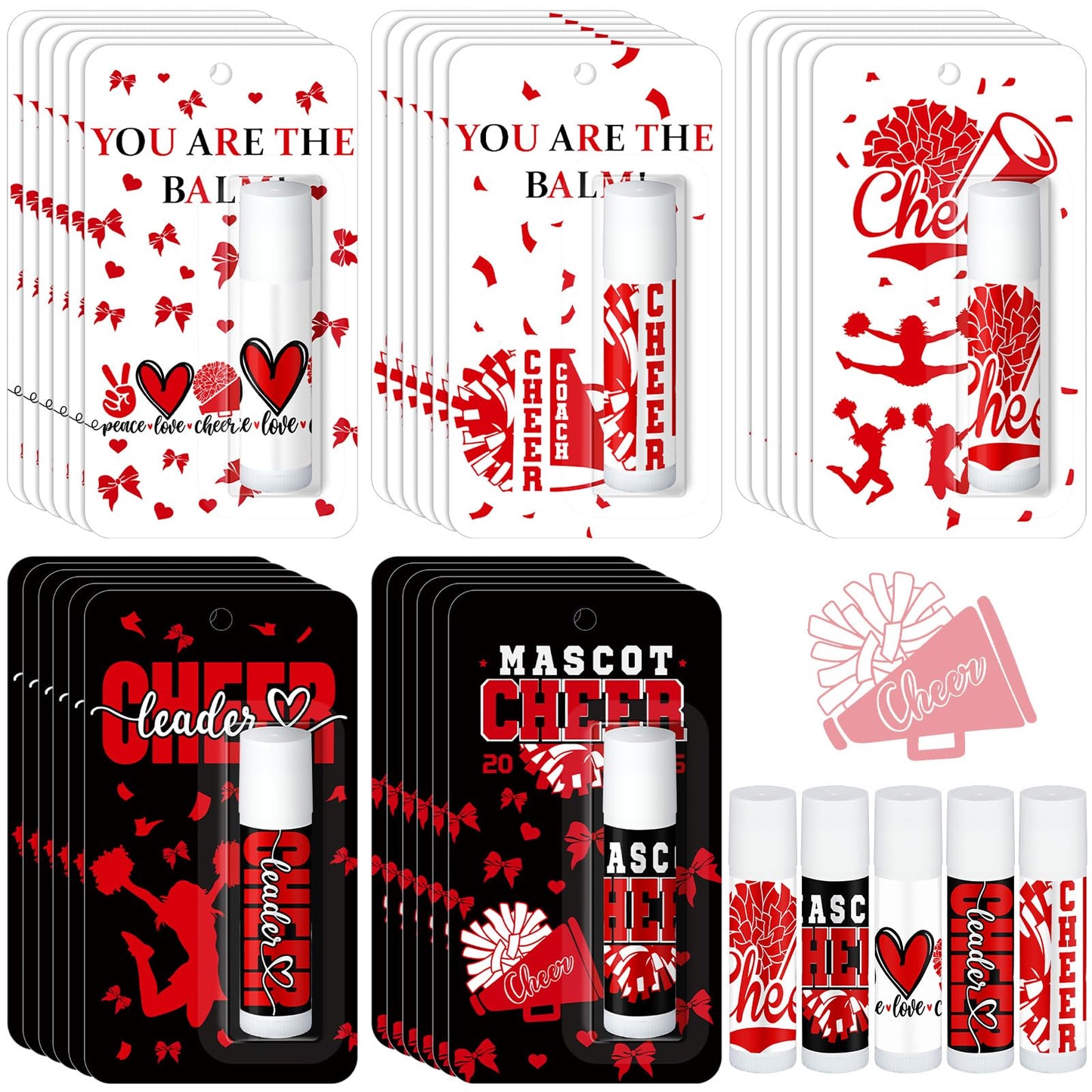 Loopeer 30 Pcs Red Cheers Lip Balm Cheer Teams Gifts Bulk Cheerleaders Party Stuff Cheerleading Camp Gifts Bulk for Cheerleaders Party Favors Stocking Stuffers