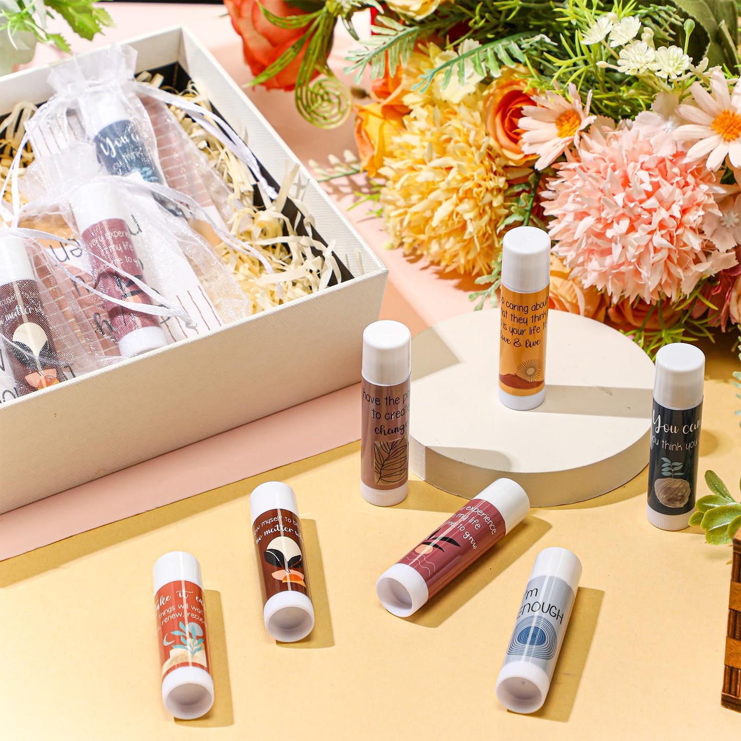Leelosp 30 Sets Mental Health Awareness Lip Balm Gift Set with Positive Affirmation Cards, Bulk Inspirational Thank You Appreciation Gifts for Employees Volunteers Coworkers Events