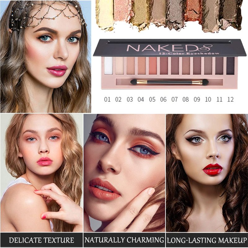 Sulily 12 Colors Naked Eyeshadow Palette Kit, Nude Matte Shimmer Smokey Glitter Pigment Eye Shadow Palettes, Professional Waterproof Makeup Palettes, Eye Shadow Gifts for Women