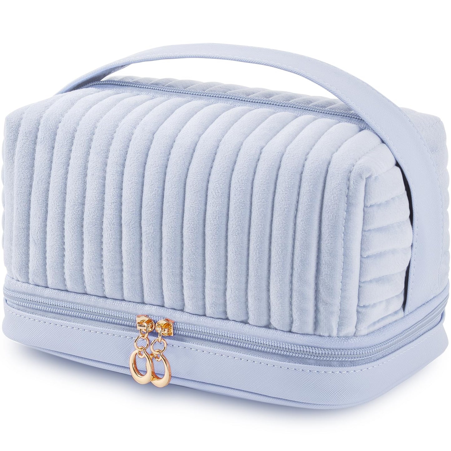 SEAMOON Large Travel Leather&Quilted Makeup Cosmetic Bag Organizer Case with Compartments Cosmetiquera Toiletry Bag(Blue)