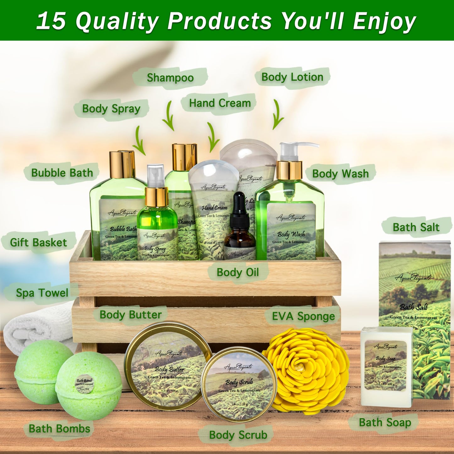 Aqua Elegante Full Spa Gift Set - 15 Piece Premium Bath Basket with Wash, Bubbles, Lotion, Salts, Body Scrub, Towel, Shower Puff, Bathbombs, Reusable Basket, Gifts for Women - Green Tea & Lemongrass